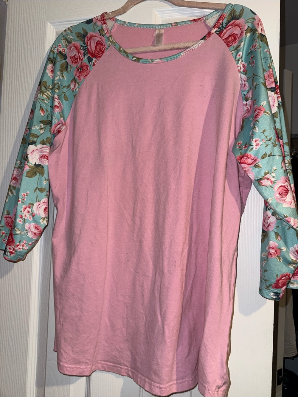 Tultex Pink Raglan Top with Floral Mint Green Sleeves